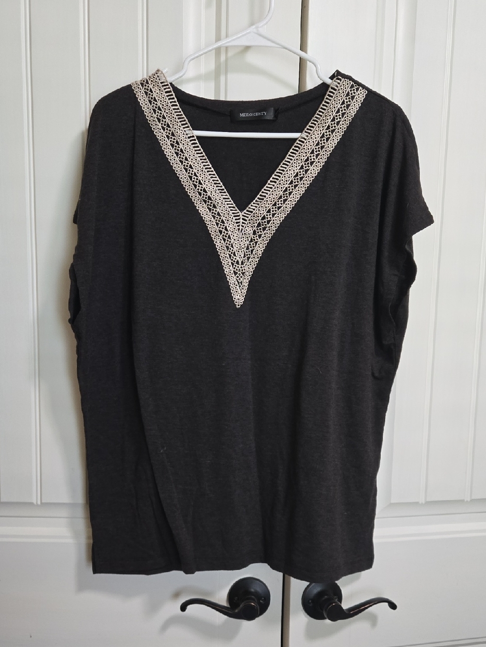 Madison & Berkeley Black Short-Sleeve V-Neck Top with Cream Crochet Detail
